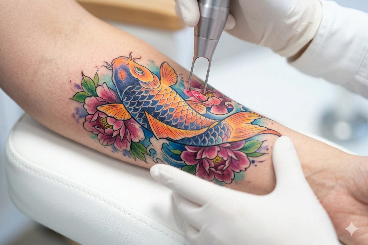 Tattooentfernung mit dem Laser farbiges buntes Tattoo